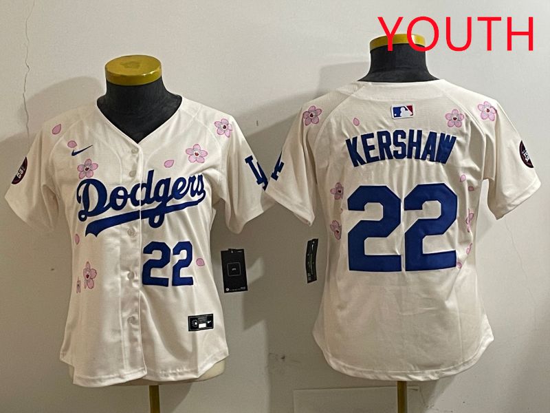 Youth Los Angeles Dodgers 22 Kershaw Cream Sakura Edition 2025 Nike MLB Jersey style 3